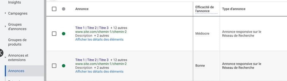 Annonces RSA afficher détails éléments
